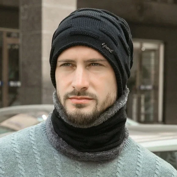 Men's Teddy Lined Cashmere Beanie Infinity Scarf Set